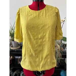 PAZZO blouse women size S yellow short puff sleeve crinkle texture top feminine